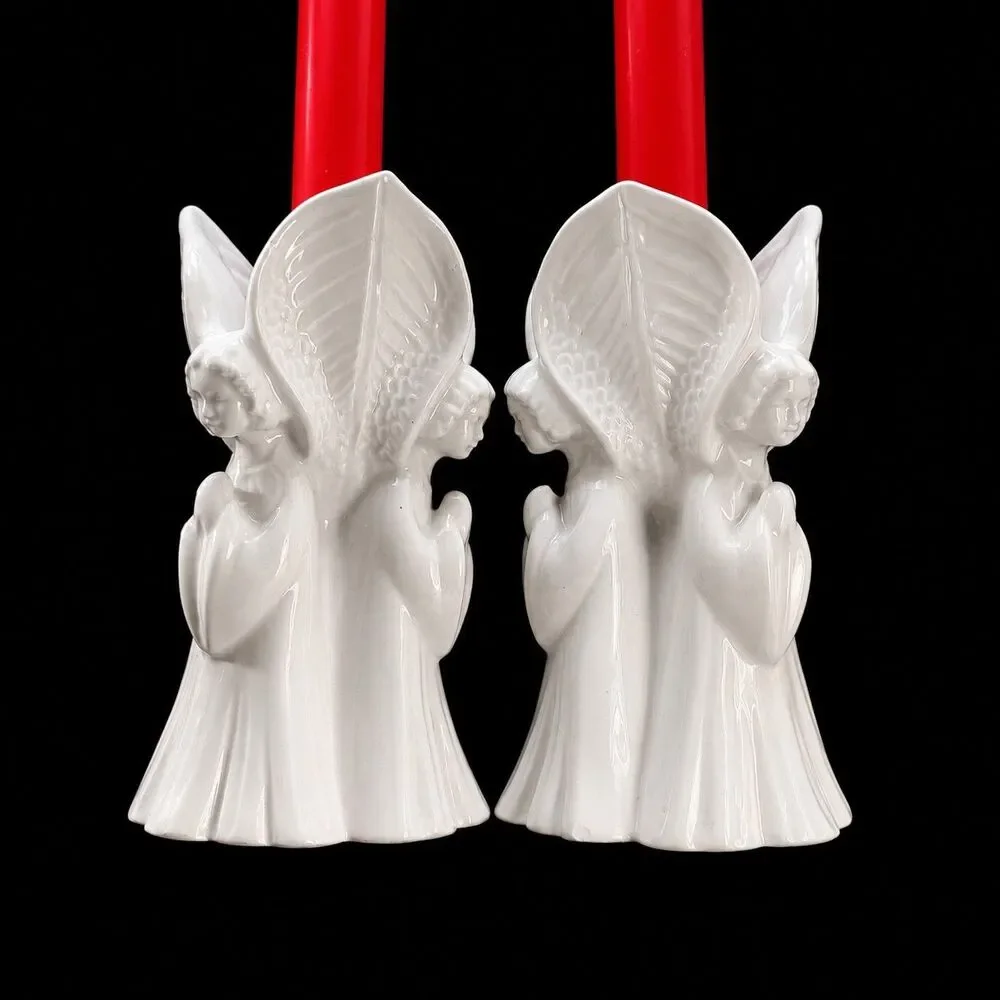 2 Vintage White Ceramic Angel Taper Candle Christmas Candlestick Holders 6